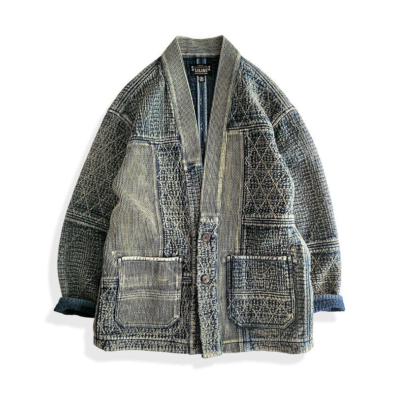 西里布重磅蓝染刺子拼接道袍夹克开衫外套咔叽复古水洗拔染做旧