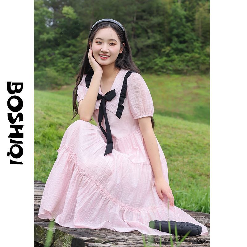 初中生连衣裙少女孩新款夏季2025大童冲长裙子粉色高中生甜美学生