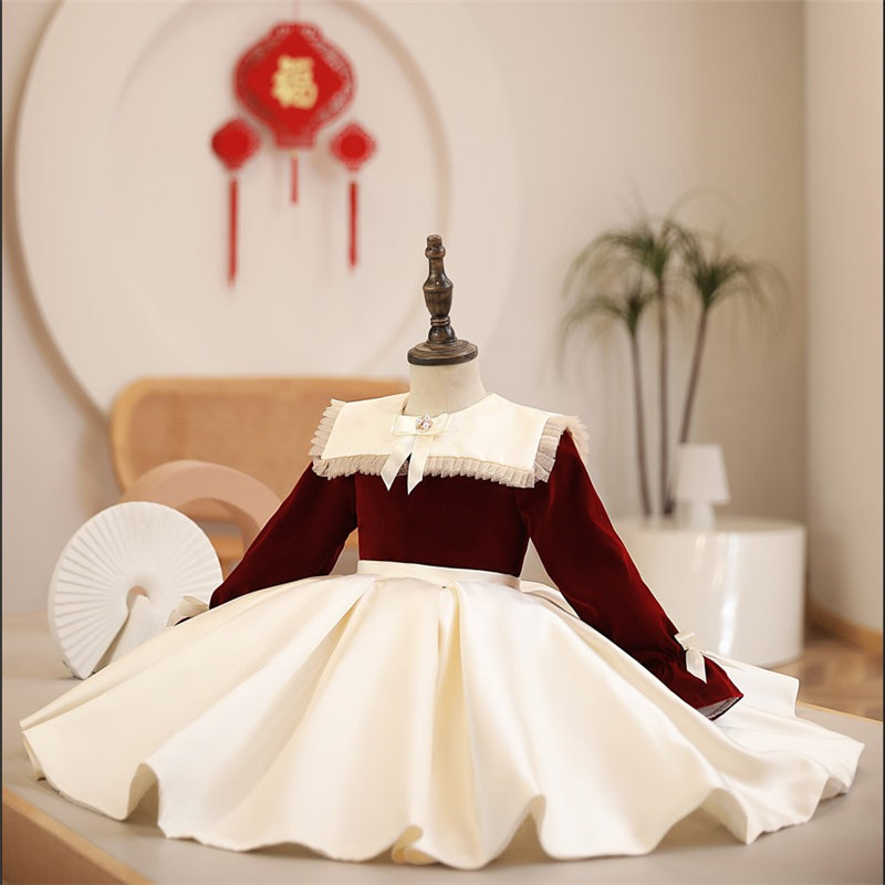 女宝宝长袖礼服红色主持人花童高端洋气女童生日公主裙钢琴春季