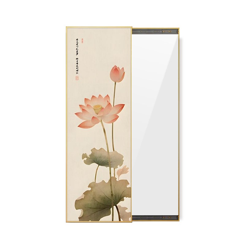 镜子挂画新中式入户玄关装饰画正对门暗藏式推拉全身镜子荷花壁画