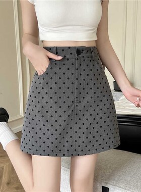 大码灰色波点半身裙短裙女复古显瘦胖MM夏季新款a字裙包臀裙短裙
