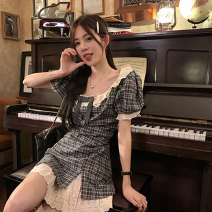 最小的海 甜美学院风短袖连衣裙2024夏季新款格纹拼接花边短裙女