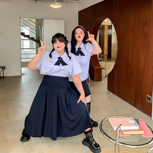 微胖MM大码女装毕业季学院风大码泰国高中校服jk制服衬衣半身裙女