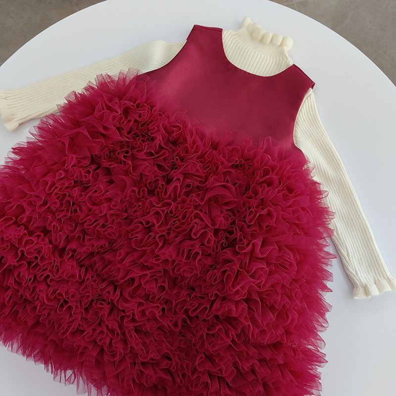 篙定强推!100-150码女童宝红色千层网纱蛋糕裙 新年礼服生日裙