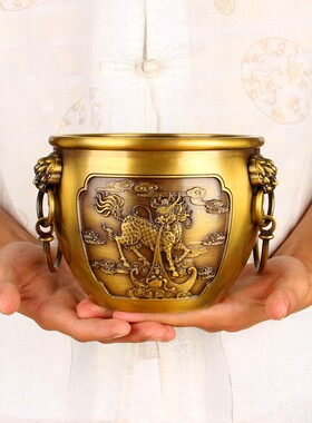 雕刻麒麟款铜缸摆件 铜聚宝盆仙鹤款铜缸摆件