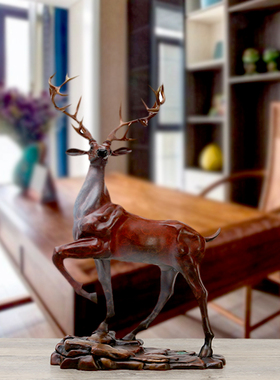 黄铜鹿崭露头角铜工艺品办公室装饰铜鹿办公桌客厅酒柜电视柜摆件