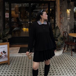 铅笔小鑫大码女装 早春CP 休闲翻领拼色上衣+百褶裙套装