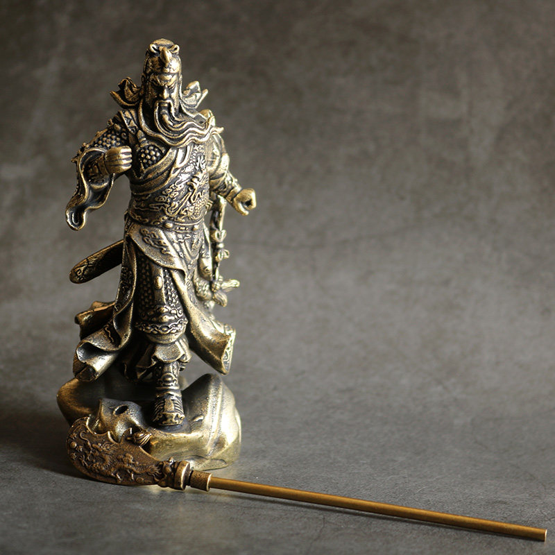 实心铜关公办公桌面小摆件纯黄铜关羽铜像仿古微雕古玩铜器铜雕像