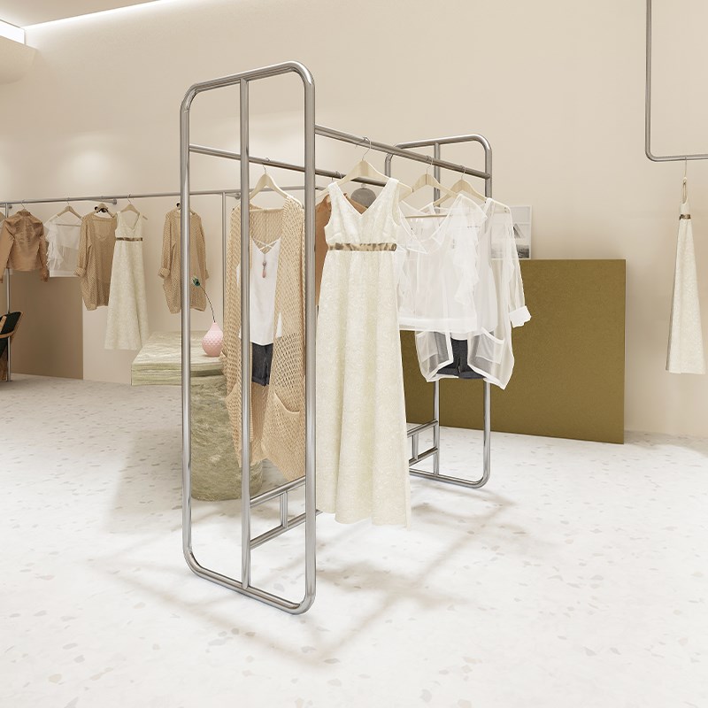 服装店不锈钢展示架双排中岛架女装店银色落地式挂衣架童装陈列架