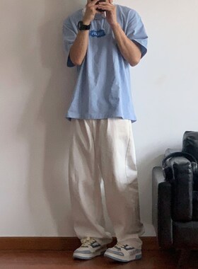 X1617  日系新款百搭宽w松简约基础白色直筒裤垂感阔腿裤休闲男士