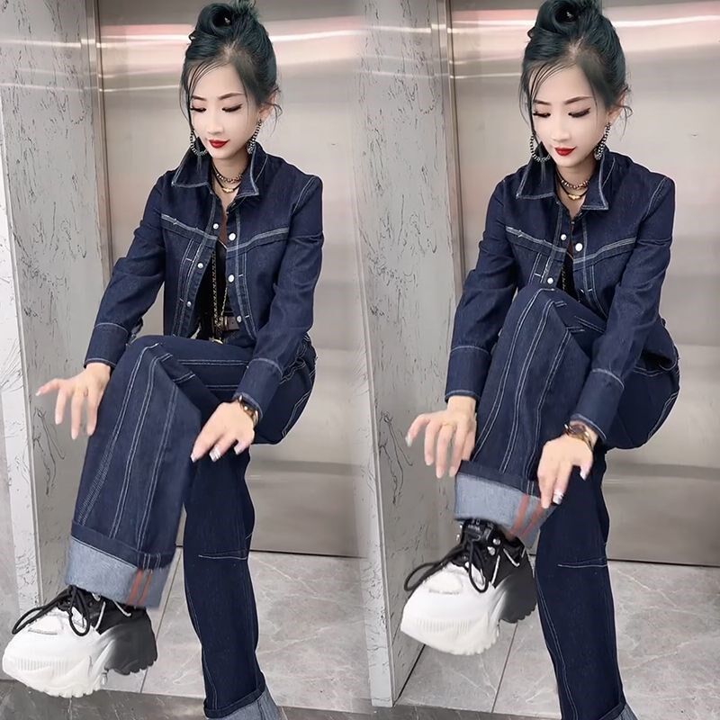 欧货牛仔两件套套装女2024时尚宽松大码秋季新款韩W版气质直筒裤