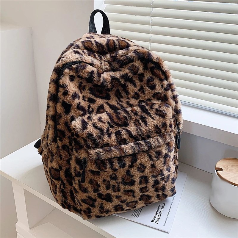 Women Plush jBackpack School Shoulder Bag Animal Cow Leopard