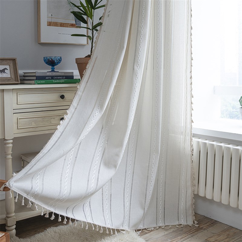 伊缦琪韵窗帘成品条纹绣花绿色纯色撞色厨房帘乡村风格半遮光飘窗