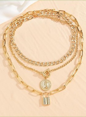 2023 Multilayer Gold Color Thick Chain Lock Pendant NeZcklac