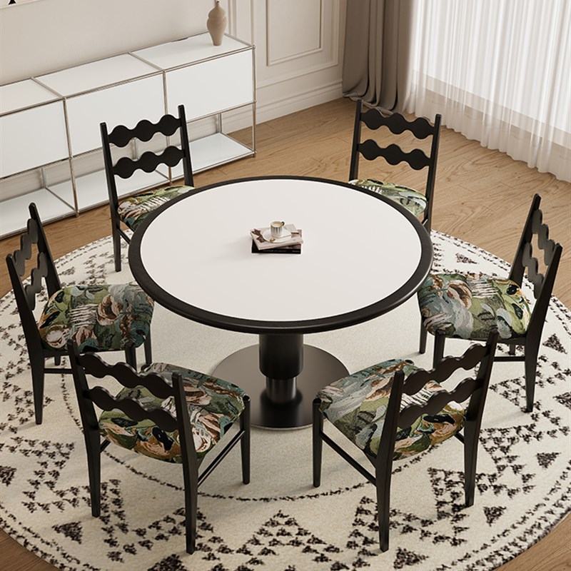 德利丰石板餐桌小公寓黑色家庭法式奶油中世纪风格内置圆形圆桌餐