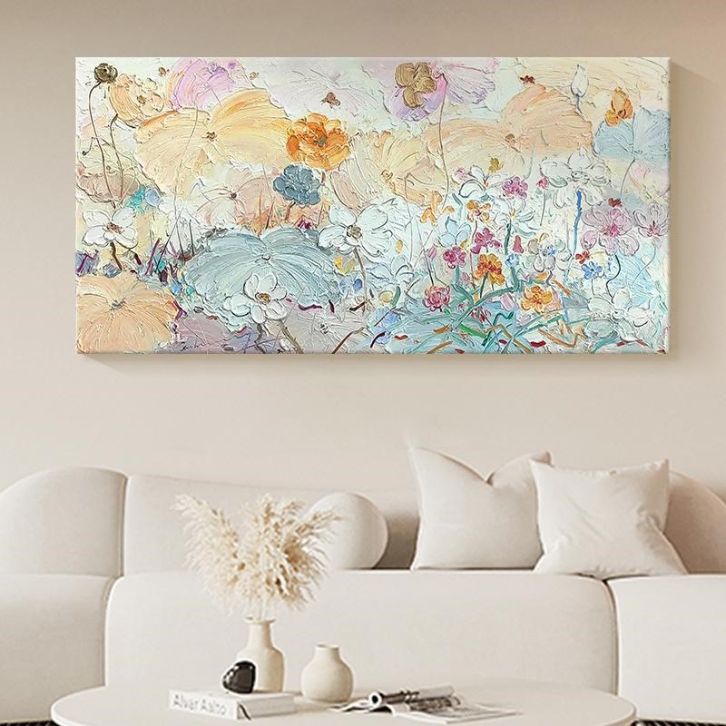 奶油风荷花手绘油画客厅装饰画玄关餐厅挂画抽象花卉厚肌理丙烯画
