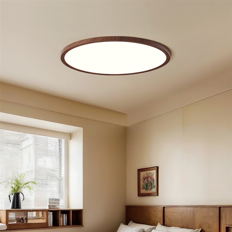 中古风卧室吸顶灯胡桃木纹超薄无缝隙日式极简护眼书房间主次卧灯