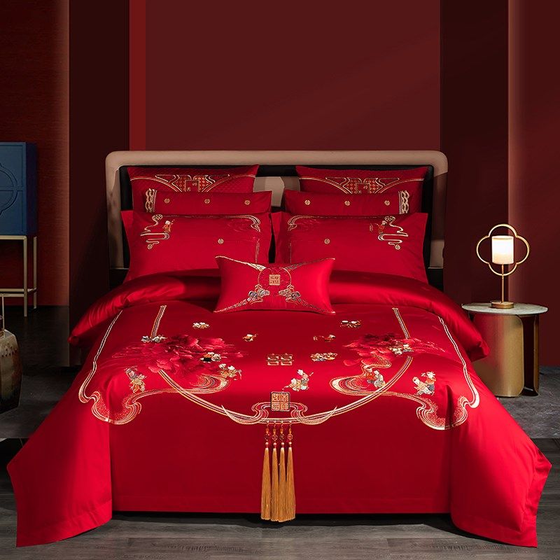 5H6S140s贡缎婚庆四件套大红色结婚套件新婚床单被套婚礼床上