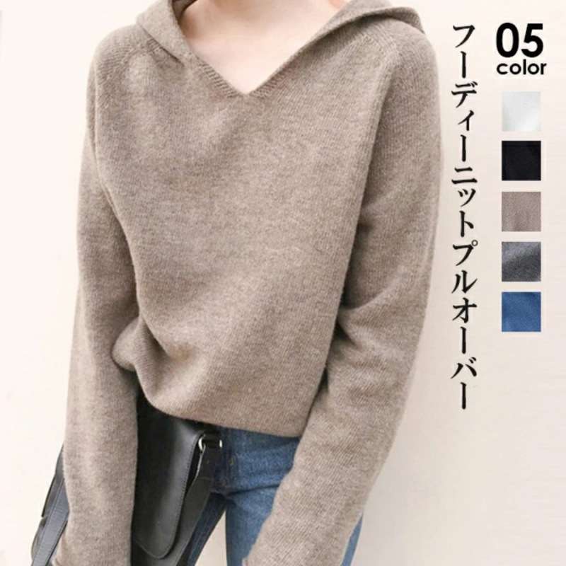 2025秋冬cec长袖打底毛衣女潮v领纯色连帽针织衫帽衫女秋冬爆款