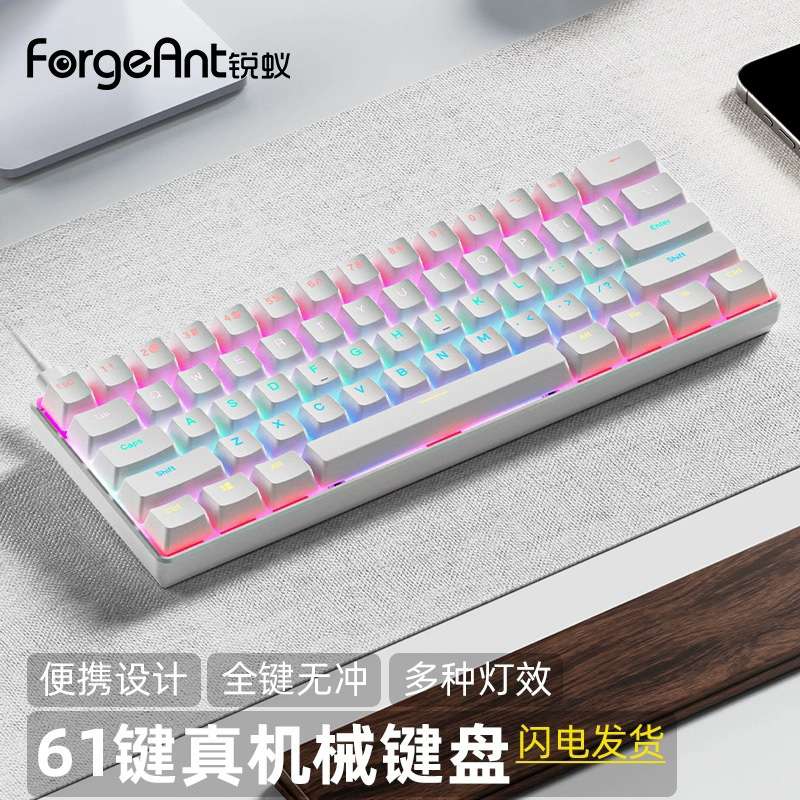 锐蚁61键无冲机械键盘混光有线游戏办公笔记本电脑青茶红轴小键盘