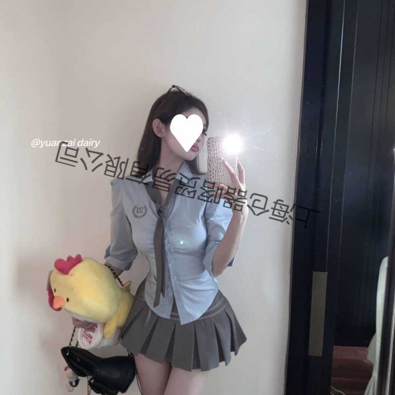 套装女夏款纯欲学院风刺绣蓝色衬衫上衣收腰显瘦百褶短裙子两件套
