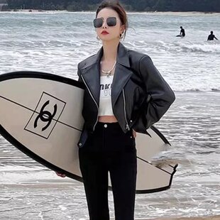 欧货翻领短款pu皮外套女2023秋冬新款高级感机车炸街小个子皮夹克