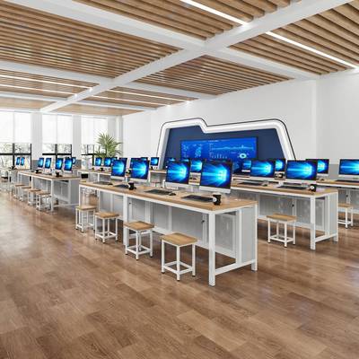 微机室机房电脑桌椅学校考试桌学生单人双人四人六边形钢木电脑桌