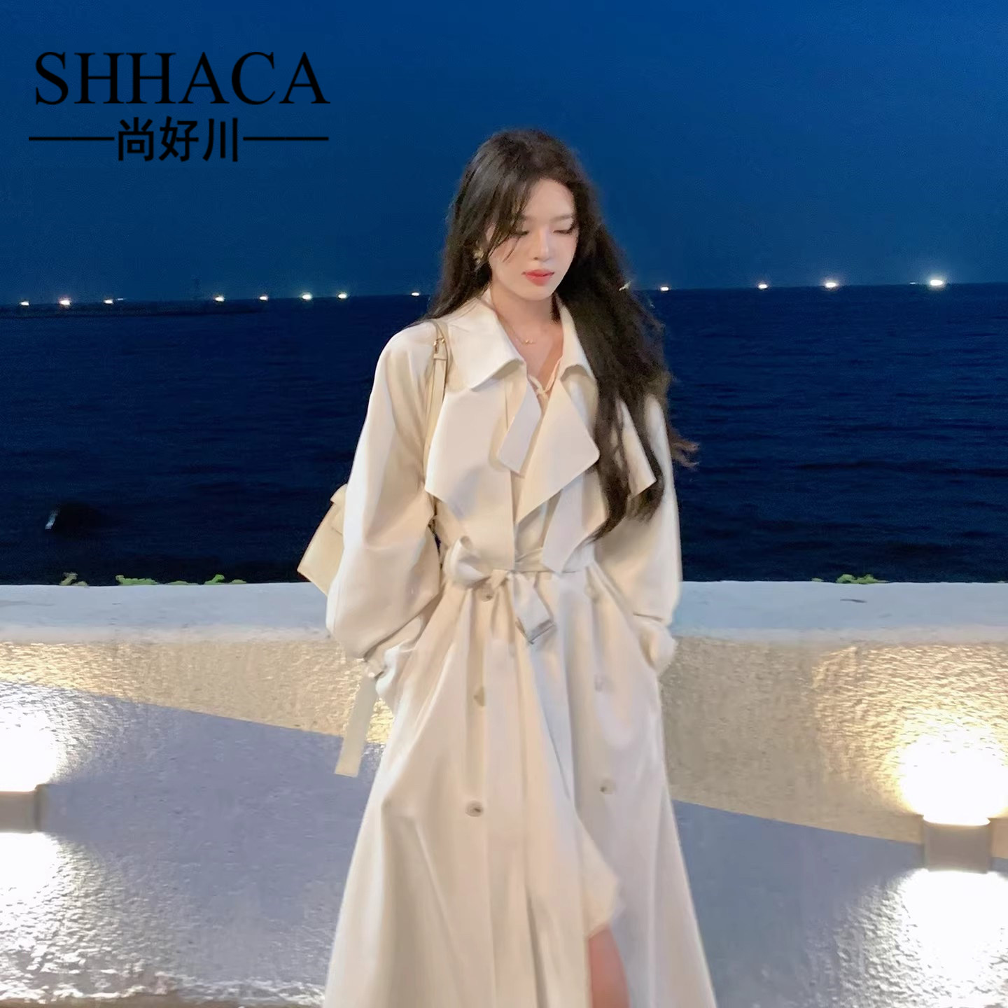 SHHACA春季新款高级白色风衣外套女中长款收腰垂感英伦风休闲大衣