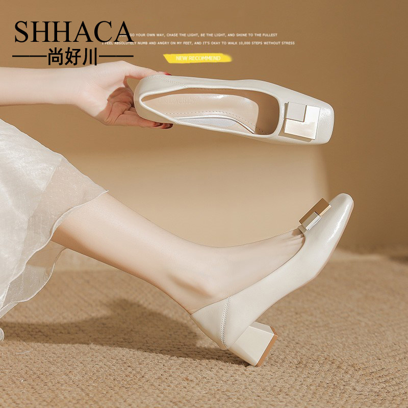 SHHACA巨软真皮小众设计气质百搭通勤浅口高跟鞋粗跟方头单鞋女鞋,女鞋,浅口单鞋,淘宝优惠券,粉丝福利购,淘宝优惠卷