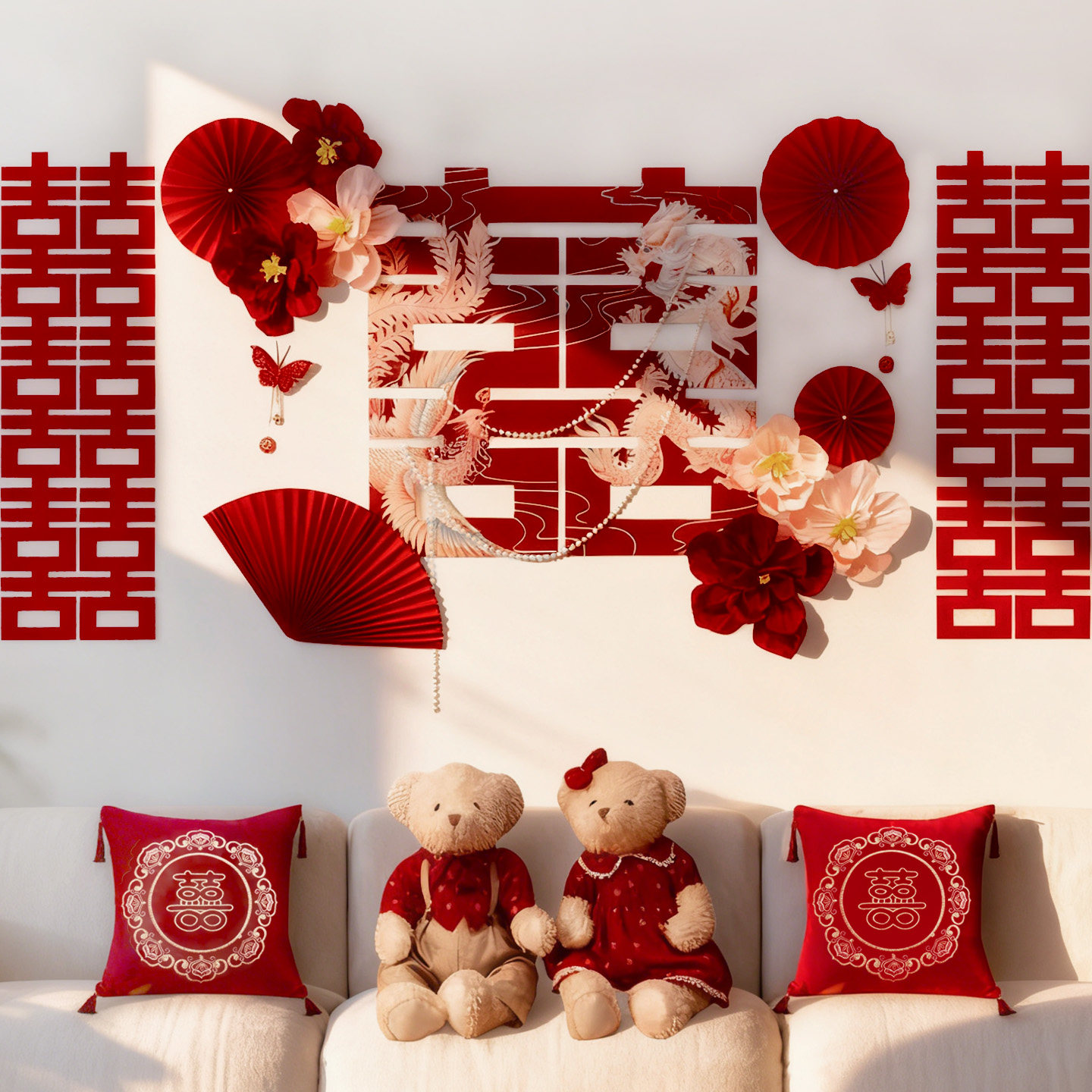 婚房布置床头沙发背景墙装饰喜字KT板扇花客厅新房布置套装婚庆全,节庆用品/礼品,婚房布置套装,淘宝优惠券,粉丝福利购,淘宝优惠卷
