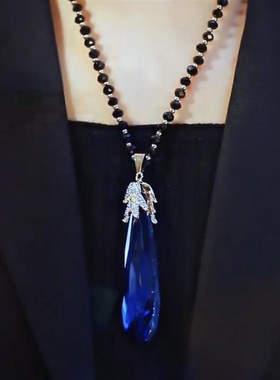 秋冬长款百搭蓝色水晶毛衣链网红时尚民族风吊坠气质优雅大气项链