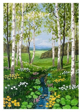 绿野仙踪手绘油画户外森林小溪绿色风景装饰画客厅挂画玄关肌理画