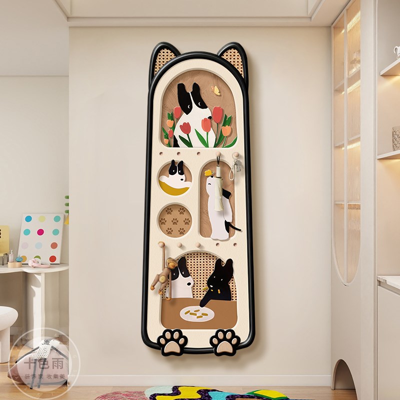 多巴胺洞洞板入户玄关装饰画卡通小狗客厅挂画置物挂衣架一体壁画