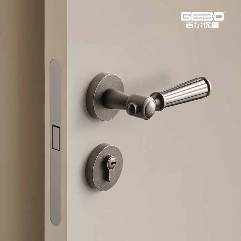 吉尔保盾法式门锁室内卧室锁具静音磁吸房门锁复古银灰色木门把手