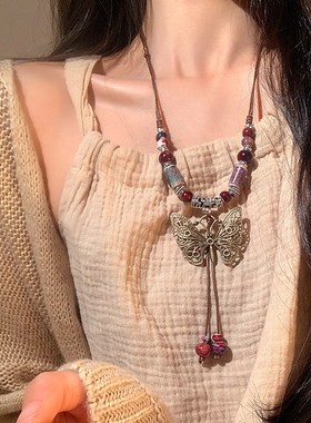 波西米亚异域民族风蝴蝶项链女新中式复古长款吊坠挂脖配饰配裙子