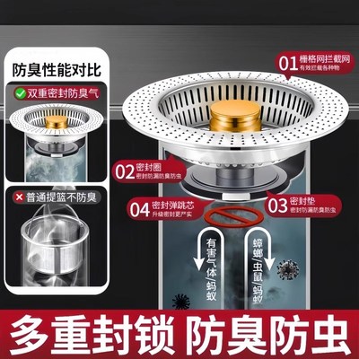 厨房水槽过滤网大口径140mm洗菜盆残渣特大号下水器不锈钢弹跳芯