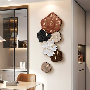 中古风电视机背景墙挂钟装饰画 画客厅钟表画 画高级感花卉饭厅时