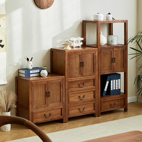 新中式斗柜实木博古架书柜茶水柜胡桃木色靠墙柜书架小型边柜角柜