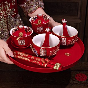 红色喜碗筷改口敬酒茶具一对婚礼陪嫁用品大全 敬茶杯结婚碗筷套装