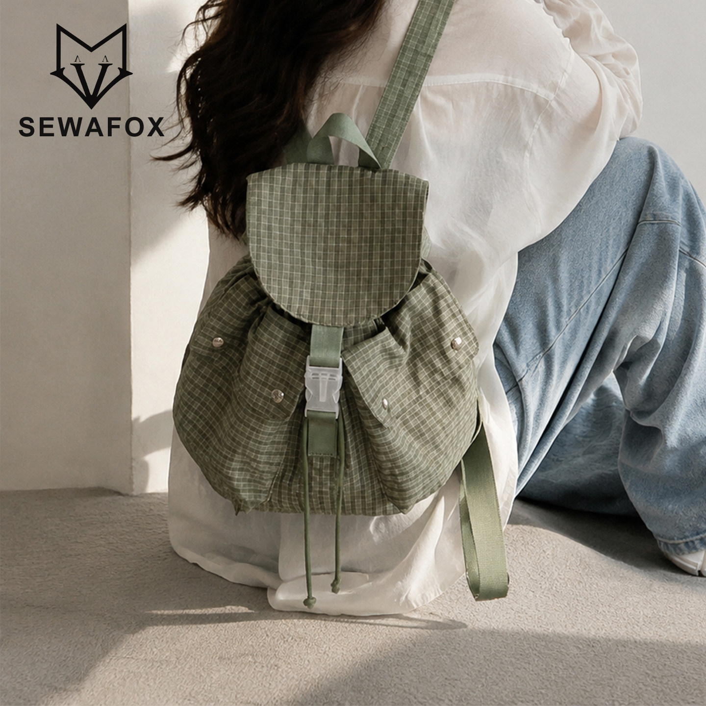 SEWAFOX户外女灰格通勤双肩包