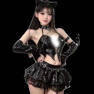 黑翼天使漆皮挂脖绑带性感短裙套装魅魔cos制服女装游戏二次元裙