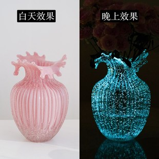 创意高级浪花口发光荧光夜光花瓶玻璃插花鲜花玫瑰花客厅餐桌摆件