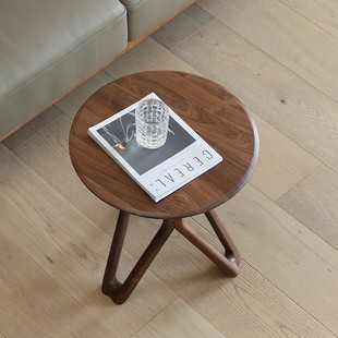 北美黑胡桃木角几北欧实木沙发边几客厅轻奢小茶几圆形边桌木圆几