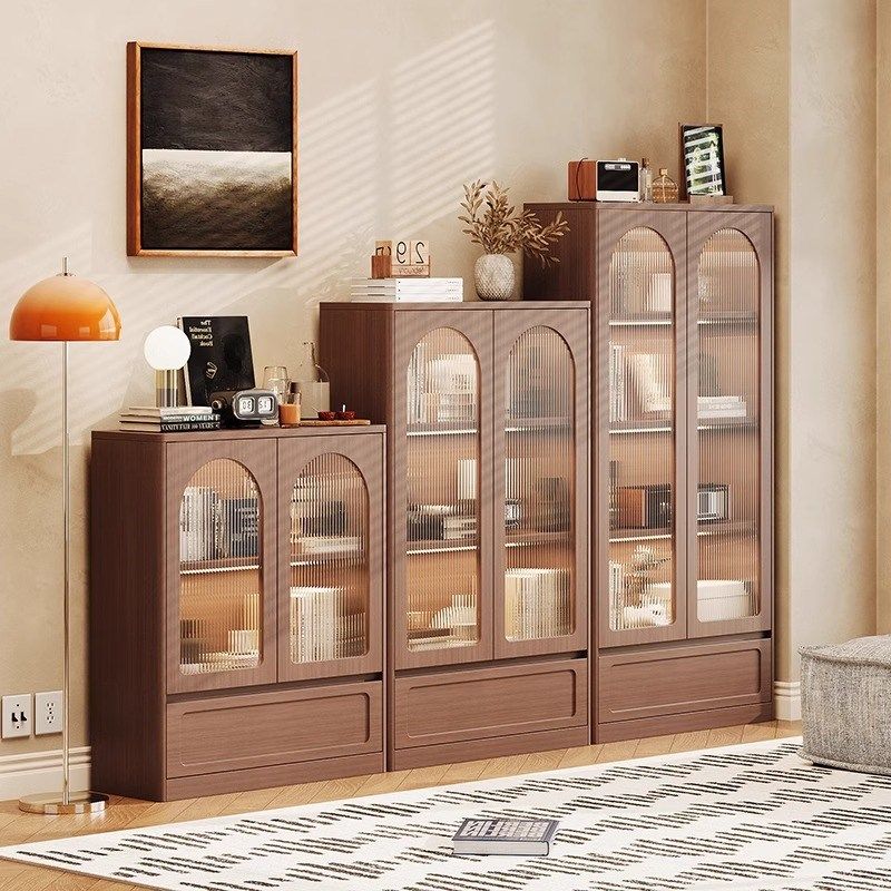 恒栎落地实木书柜中古风客厅展示柜带门手办柜玻璃柜小立柜组合柜