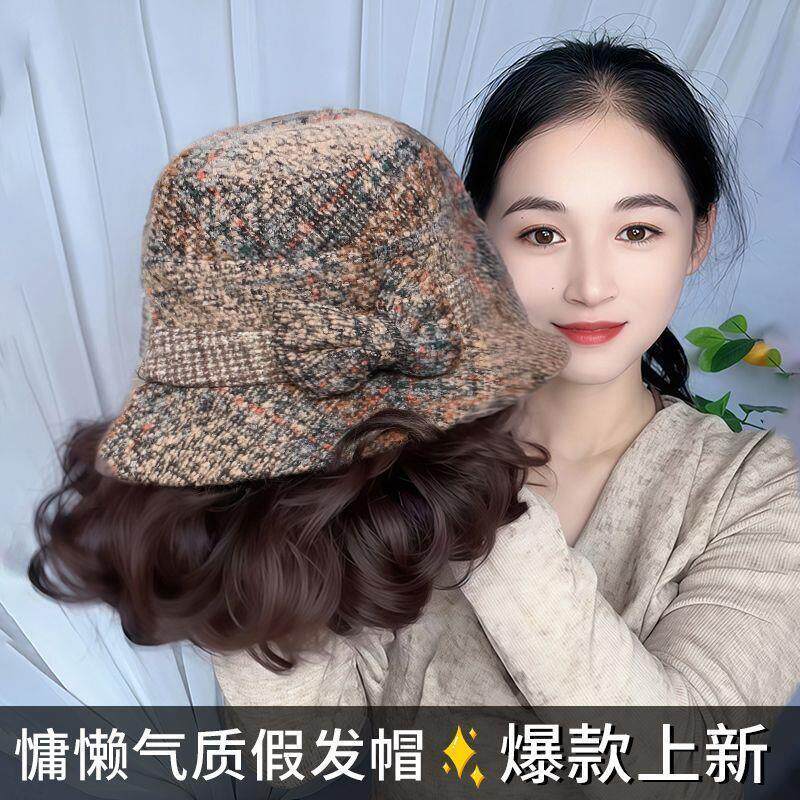 秋冬渔夫帽帽子一体新款假发中老年洋气妈妈百搭卷发时尚礼帽头套