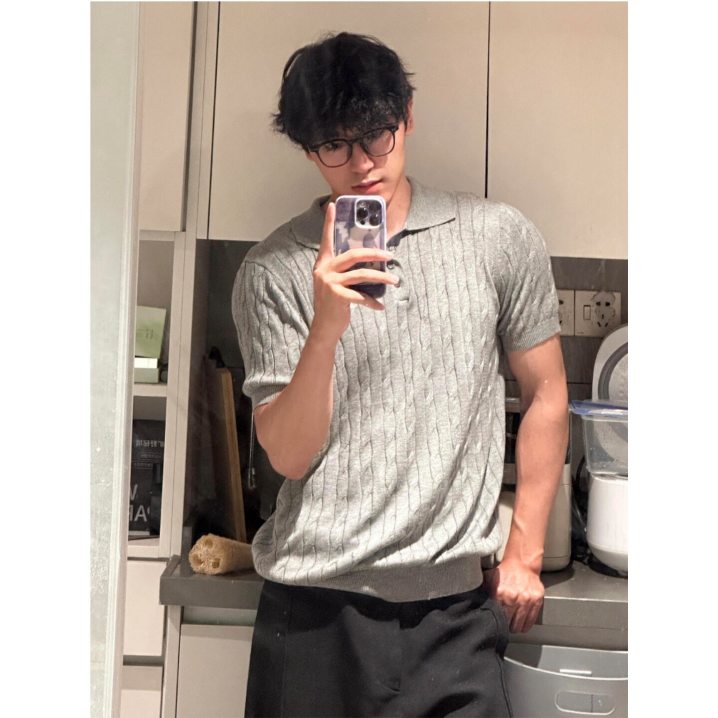 男款灰色美式复古针织短袖polo衫老钱风正肩翻领t恤痞帅修身半袖