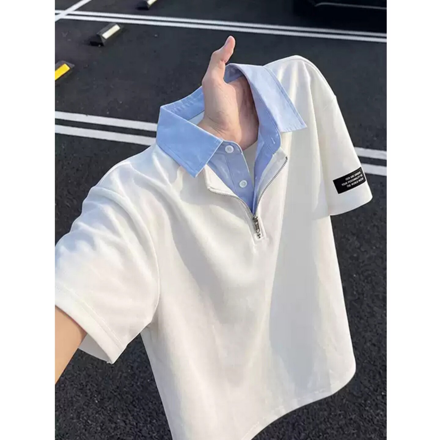 白色衬衫领假两件半拉链polo衫短袖男夏季衬衣t恤美式拼接半截袖