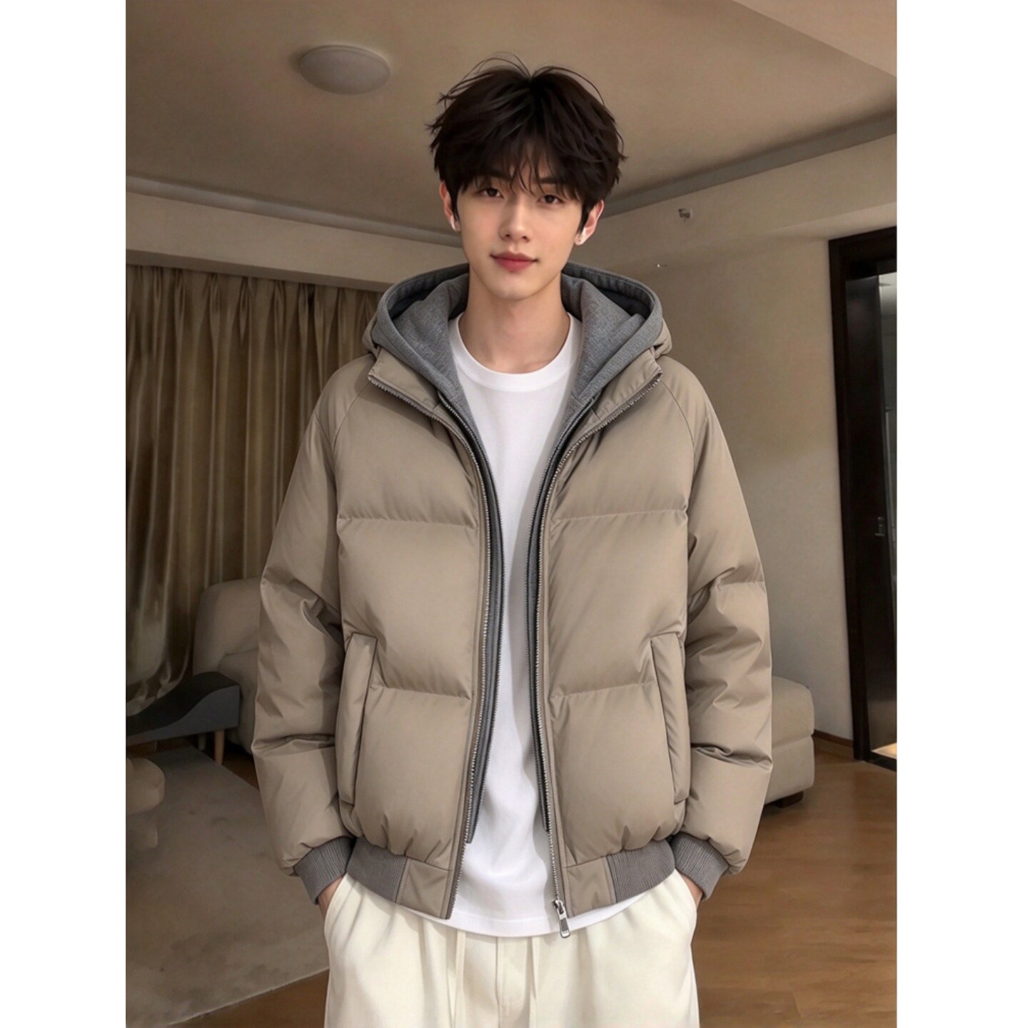 秋冬灰色加厚假两件男士面包服