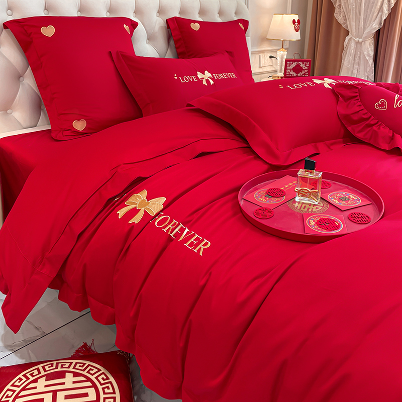 新婚嫁床上四件套结婚床品婚庆喜庆被套婚礼红色床单床笠婚房被罩