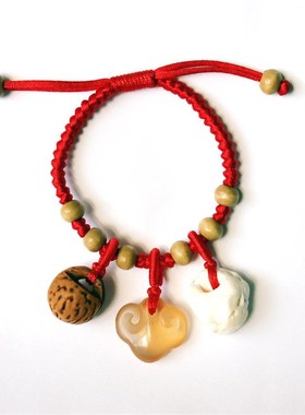 手工天然青鱼石平安锁桃篮猪惊骨手编红绳手链脚链宝宝成人饰品